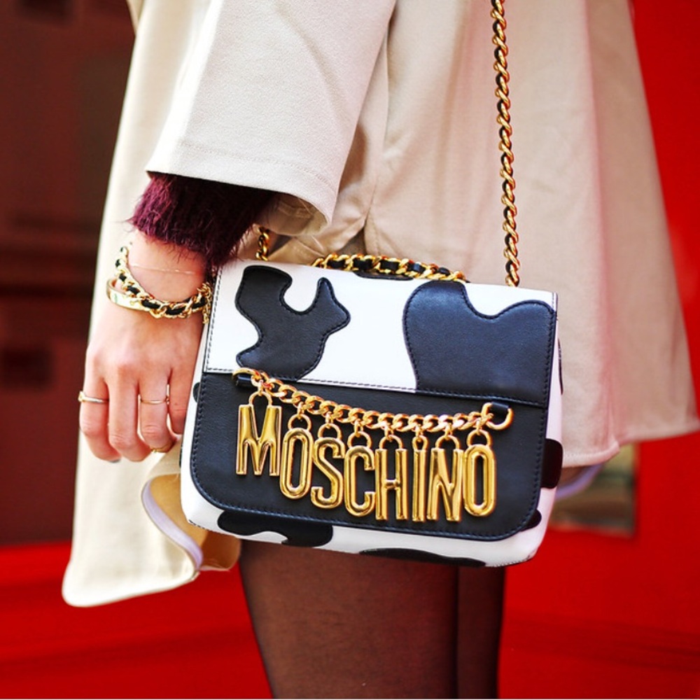 Moschino Black and White Crossbody Bag with Gold Chain